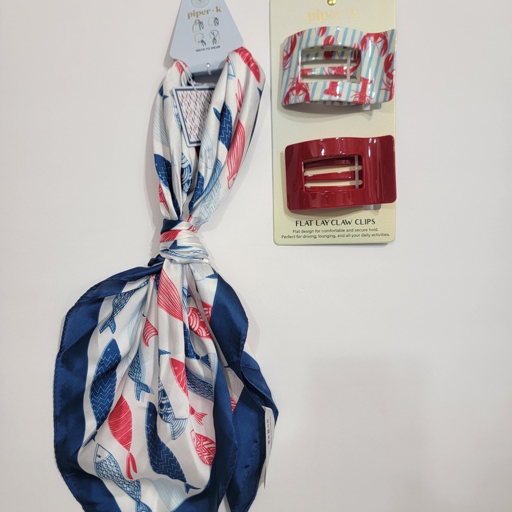 Piper K Nautical Sealife Coastal Lobster Flat‎ Hair Clips & Fish Scraf Set Of 3